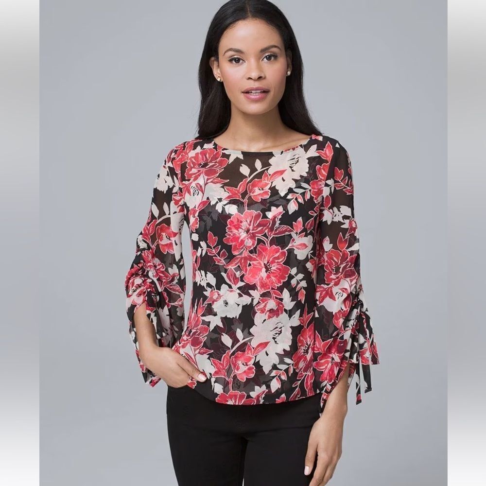 White House Black Market Tie Sleeve Floral Blouse Sz. 2 Red Black White Boatneck